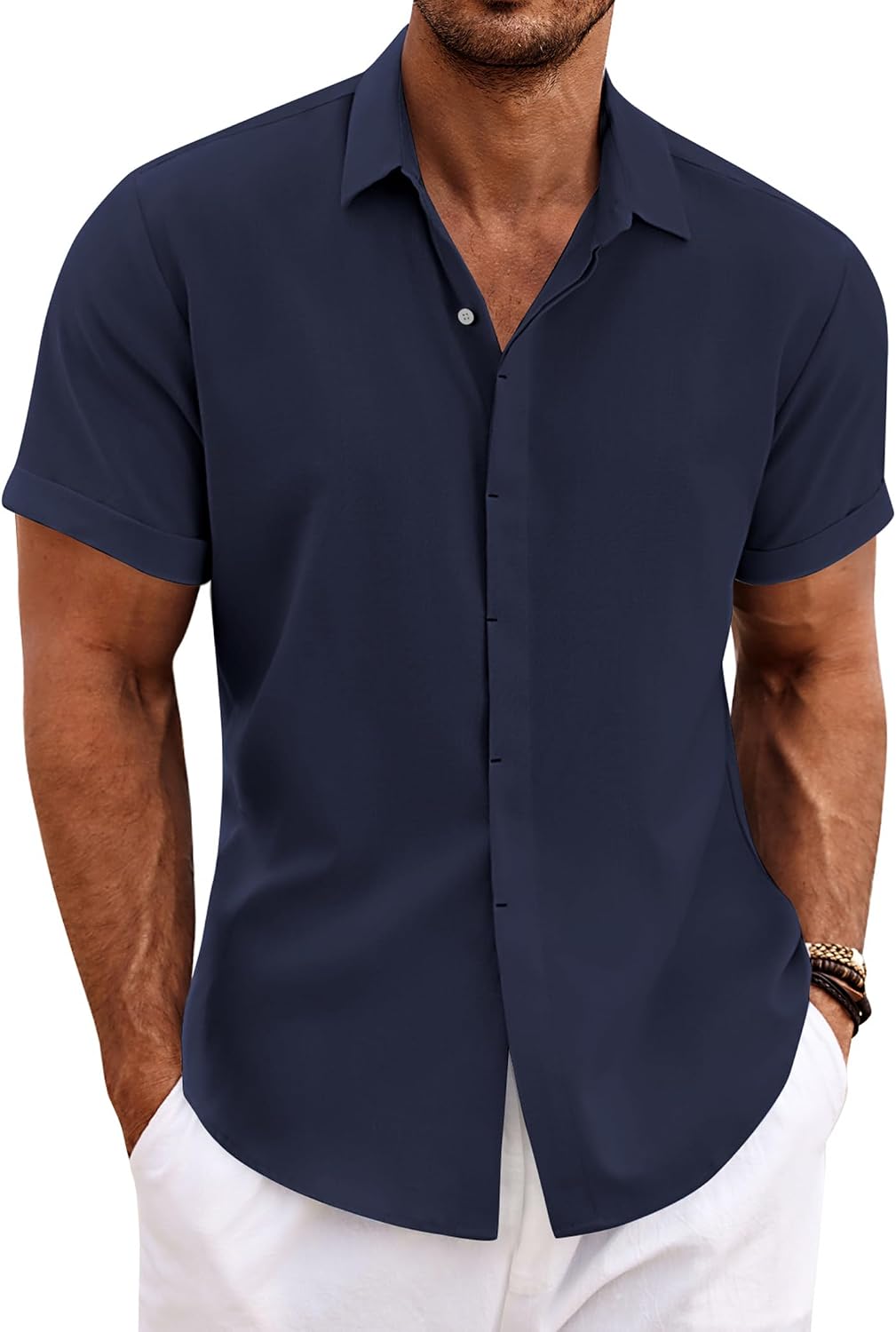 COOFANDY Men's Linen Wedding Shirts - Short Sleeve. Button Up. Casual. Relaxed-Fit Dark Grey