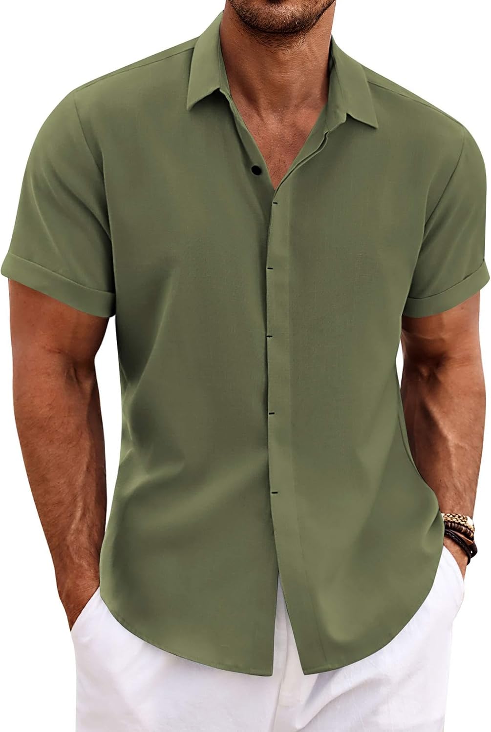 COOFANDY Men's Linen Wedding Shirts - Short Sleeve. Button Up. Casual. Relaxed-Fit Dark Grey