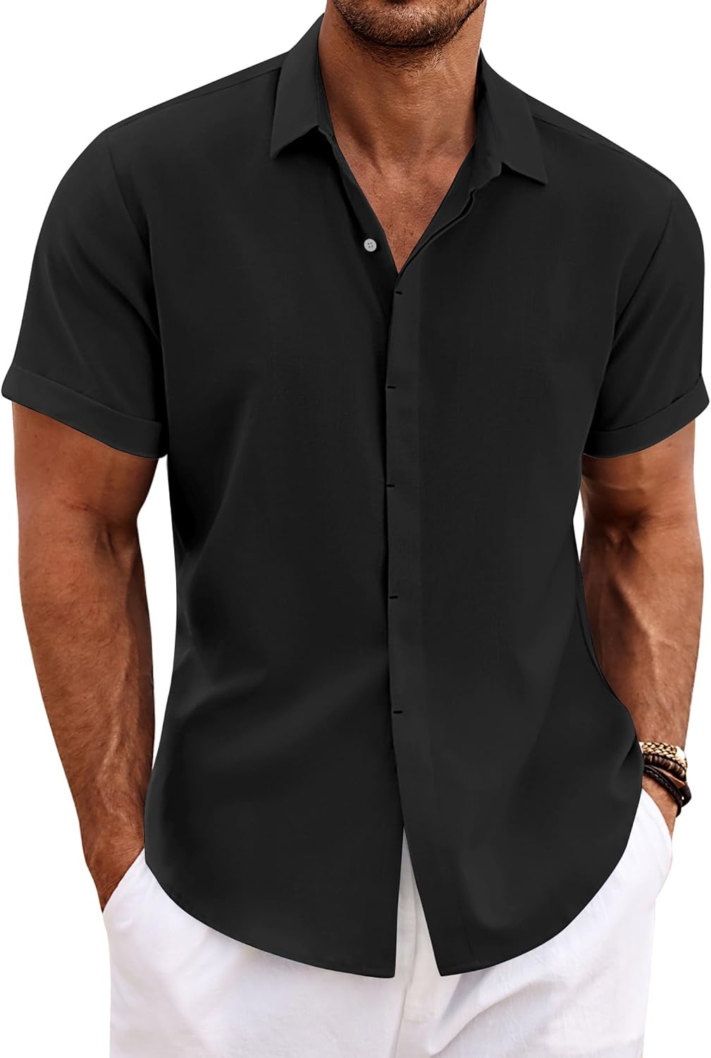 COOFANDY Men's Linen Wedding Shirts - Short Sleeve. Button Up. Casual. Relaxed-Fit Dark Grey