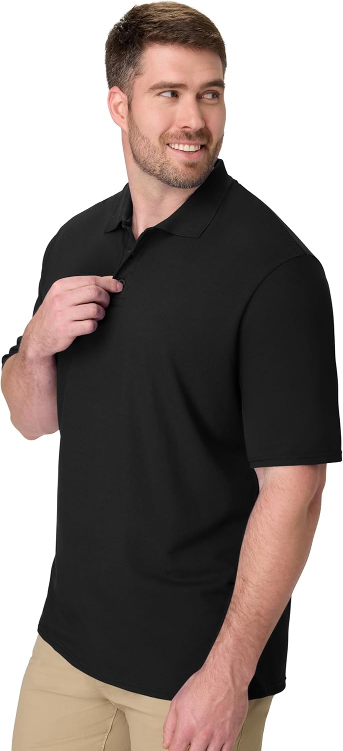 Hanes Mens Pique Short Sleeve Polo Shirt. Three-button Midweight For. Black. Medium US