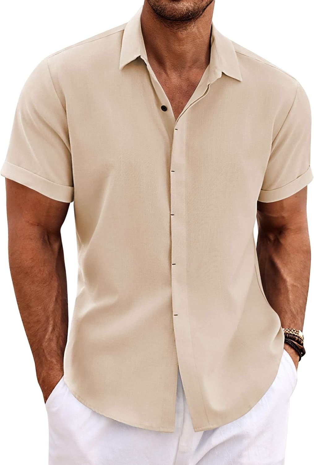 COOFANDY Men's Linen Wedding Shirts - Short Sleeve. Button Up. Casual. Relaxed-Fit Dark Grey