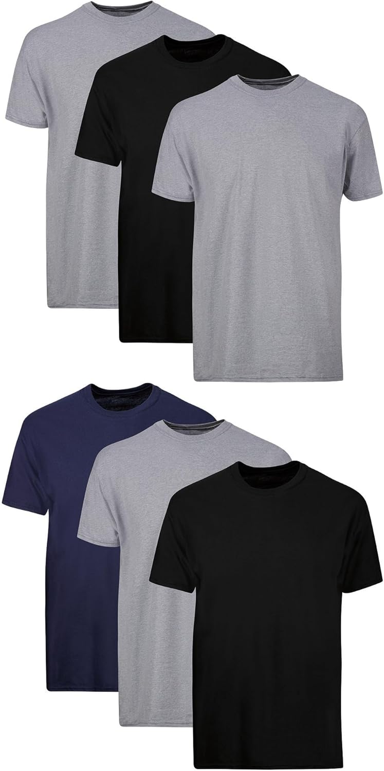 Hanes Mens Cotton. Moisture-wicking Crew Tee Undershirts. Multi-packs. Black/Grey/Blue Assorted - 6 Pack. Medium US