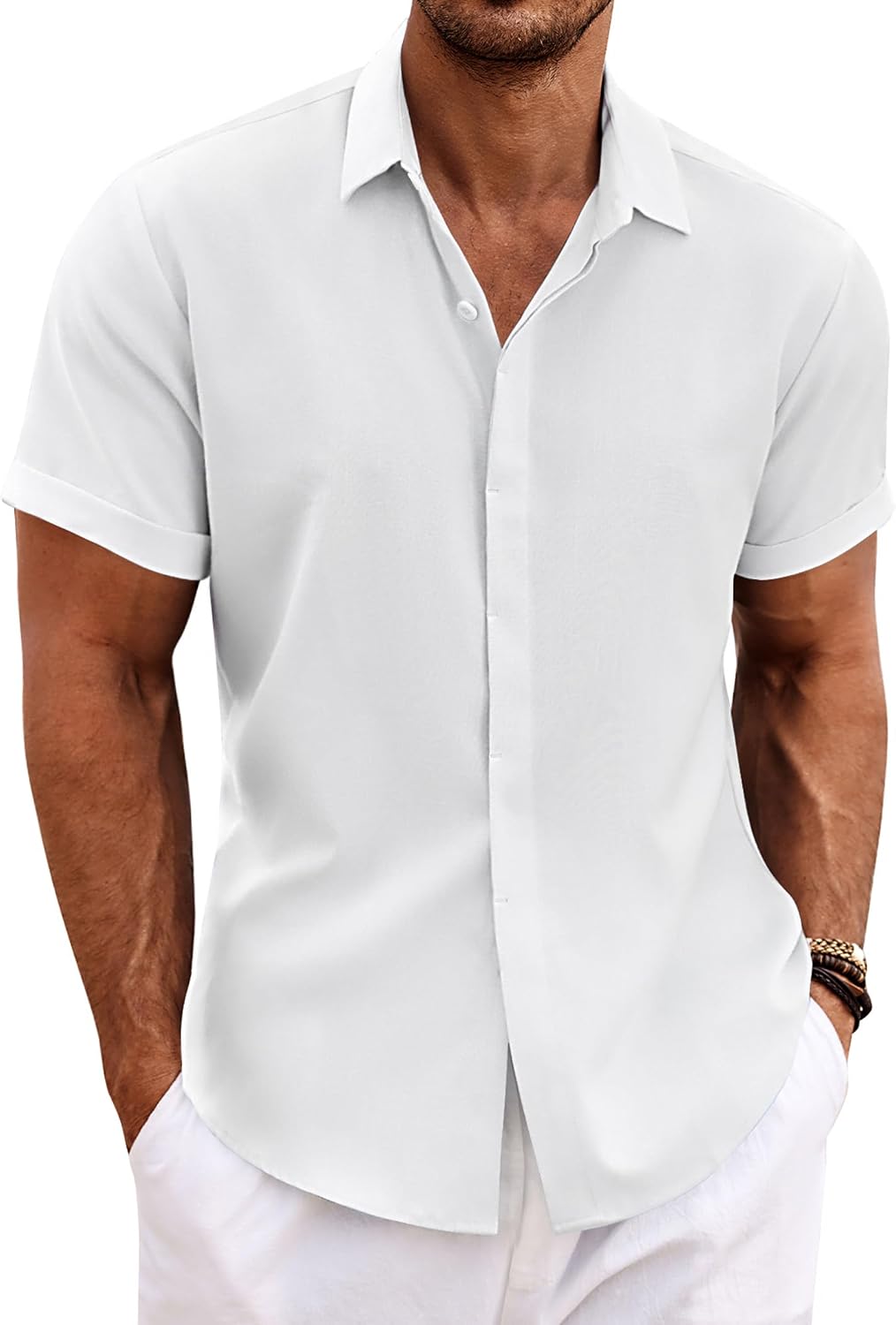 COOFANDY Men's Linen Wedding Shirts - Short Sleeve. Button Up. Casual. Relaxed-Fit Dark Grey