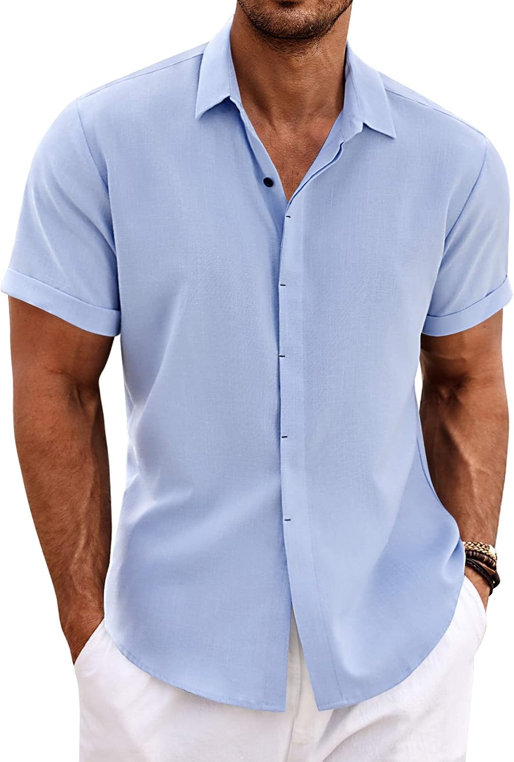 COOFANDY Men's Linen Wedding Shirts - Short Sleeve. Button Up. Casual. Relaxed-Fit Dark Grey