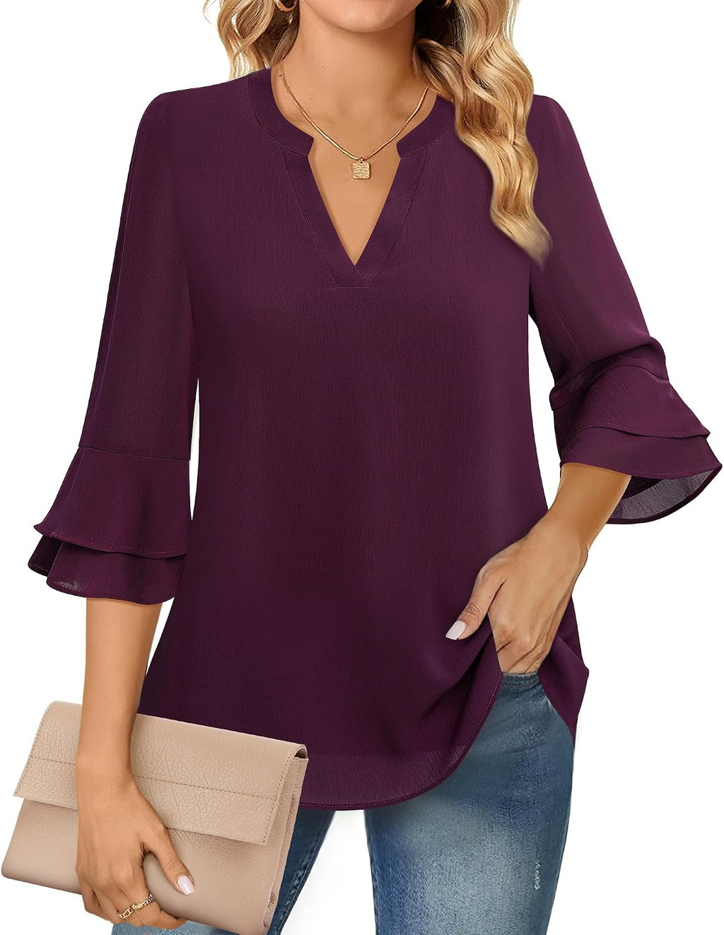 Chiffon Blouse - 3/4 Sleeve Womens Tops - Blouses for Women Business Casual Professional Formal Tops Junior Job Interview Clothing Spring Peasant Funeral Attire