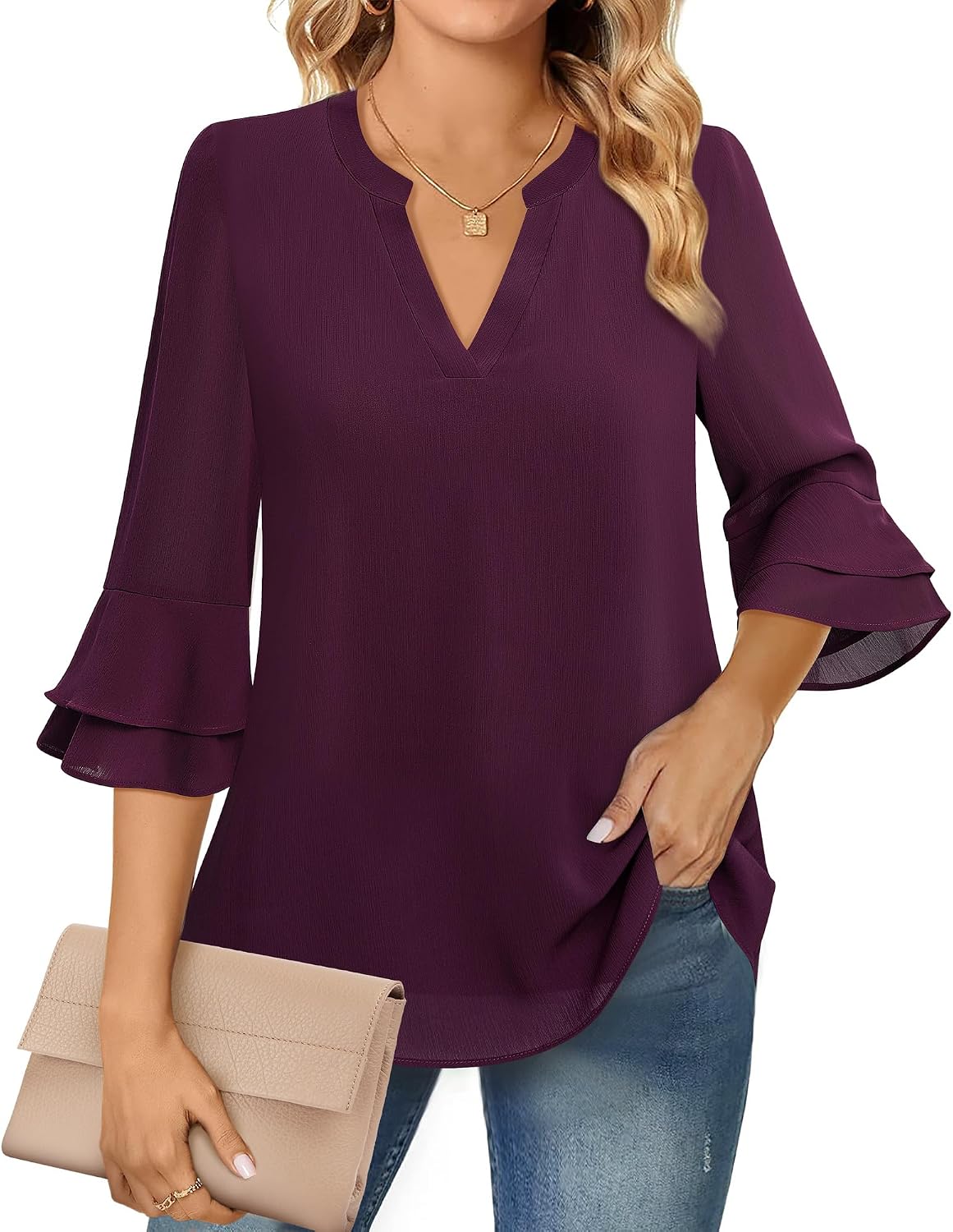 Chiffon Blouse - 3/4 Sleeve Womens Tops - Blouses for Women Business Casual Professional Formal Tops Junior Job Interview Clothing Spring Peasant Funeral Attire