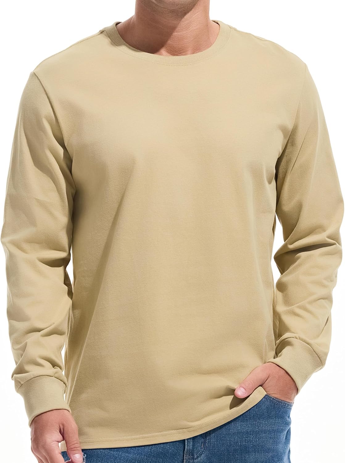 VEIISAR Men's Heavy Weight Crew Neck T-Shirt Mens Premium Cotton Tee Khaki XL