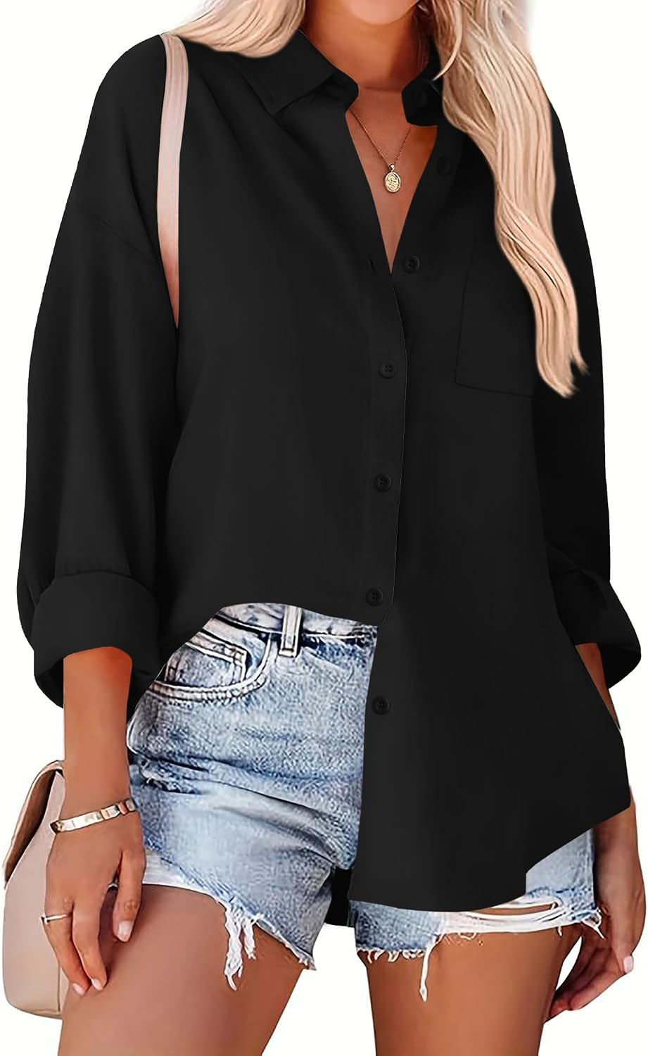 Zeagoo Long Sleeve Button Down Shirt for Women White Boyfriend Turn-Down Collar Tops Casual Business Office Blouses L