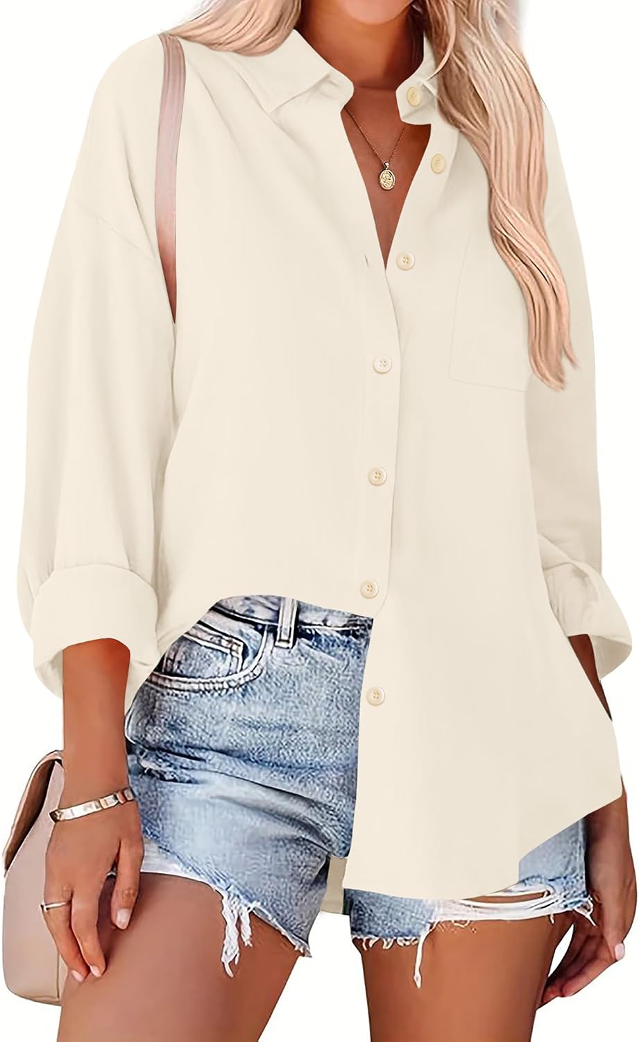 Zeagoo Long Sleeve Button Down Shirt for Women White Boyfriend Turn-Down Collar Tops Casual Business Office Blouses L