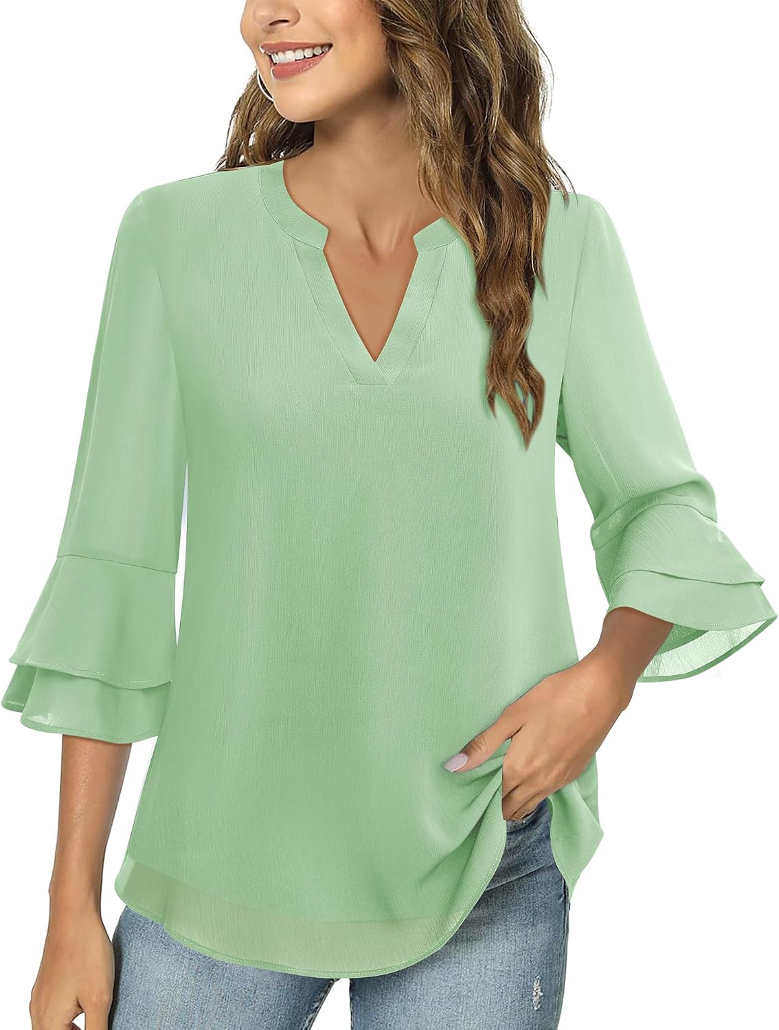 Chiffon Blouse - 3/4 Sleeve Womens Tops - Blouses for Women Business Casual Professional Formal Tops Junior Job Interview Clothing Spring Peasant Funeral Attire