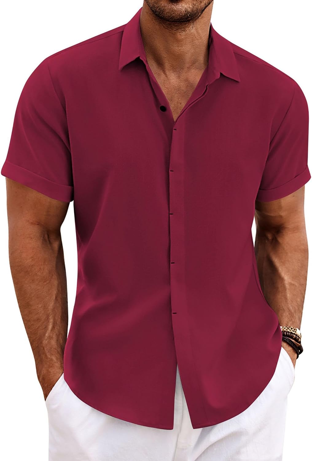 COOFANDY Men's Linen Wedding Shirts - Short Sleeve. Button Up. Casual. Relaxed-Fit Dark Grey