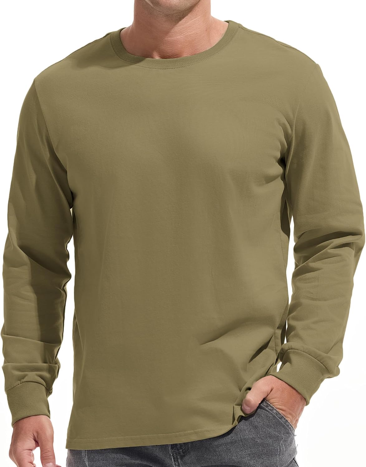 VEIISAR Men's Heavy Weight Crew Neck T-Shirt Mens Premium Cotton Tee Khaki XL