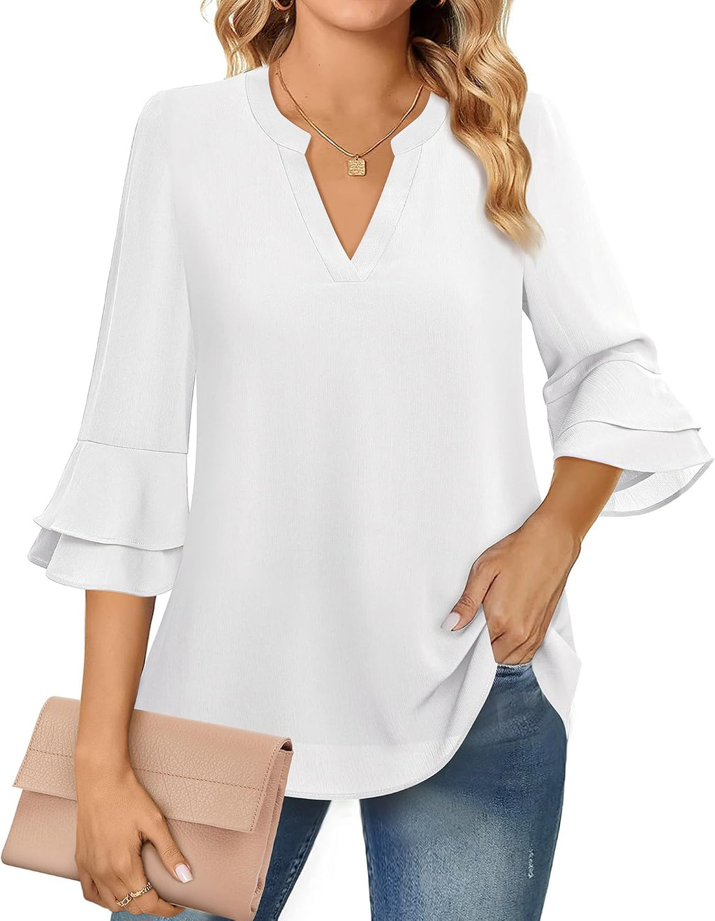 Chiffon Blouse - 3/4 Sleeve Womens Tops - Blouses for Women Business Casual Professional Formal Tops Junior Job Interview Clothing Spring Peasant Funeral Attire