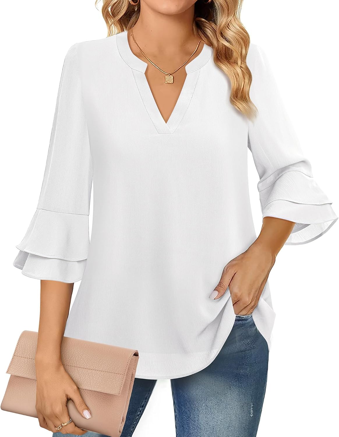 Chiffon Blouse - 3/4 Sleeve Womens Tops - Blouses for Women Business Casual Professional Formal Tops Junior Job Interview Clothing Spring Peasant Funeral Attire