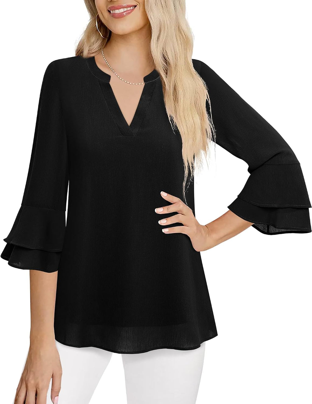 Chiffon Blouse - 3/4 Sleeve Womens Tops - Blouses for Women Business Casual Professional Formal Tops Junior Job Interview Clothing Spring Peasant Funeral Attire