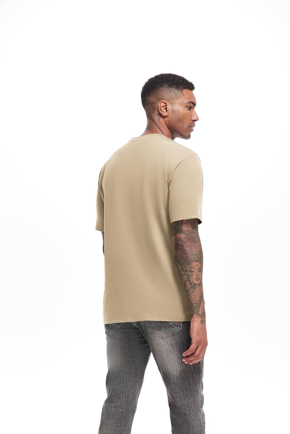 VEIISAR Men's Heavy Weight Crew Neck T-Shirt Mens Premium Cotton Tee Khaki XL