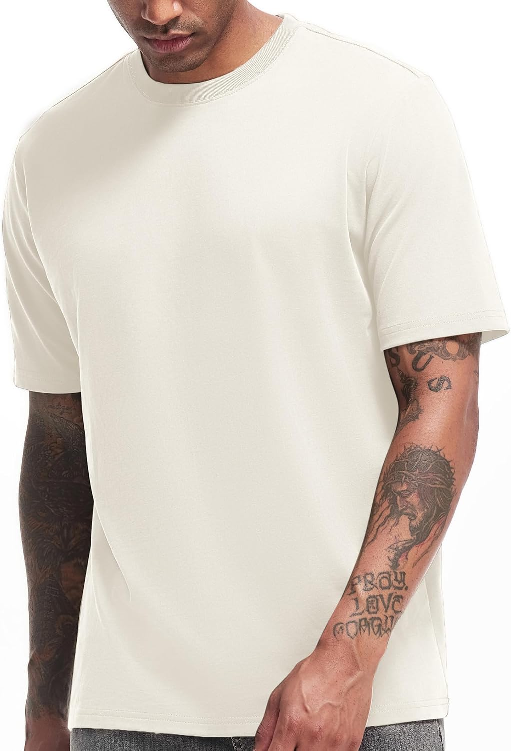 VEIISAR Men's Heavy Weight Crew Neck T-Shirt Mens Premium Cotton Tee Khaki XL