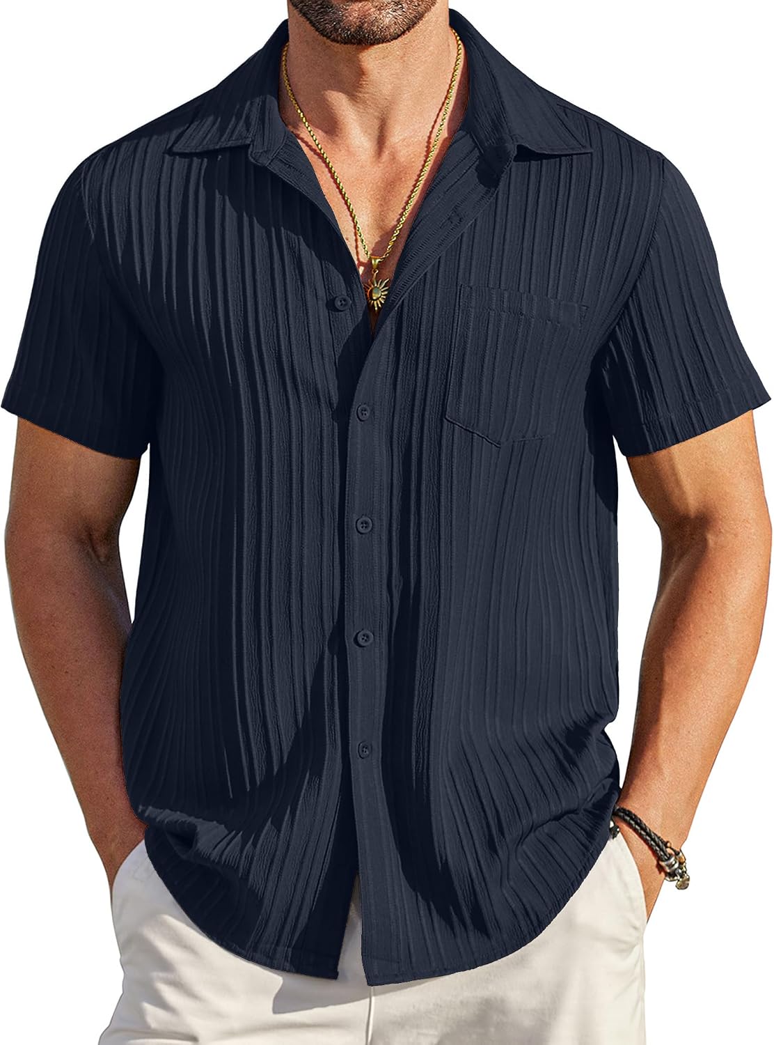 COOFANDY Men's Summer Linen Shirts Short Sleeve Button Down Shirts for Men Fashion Beach Casual Shirt A-White