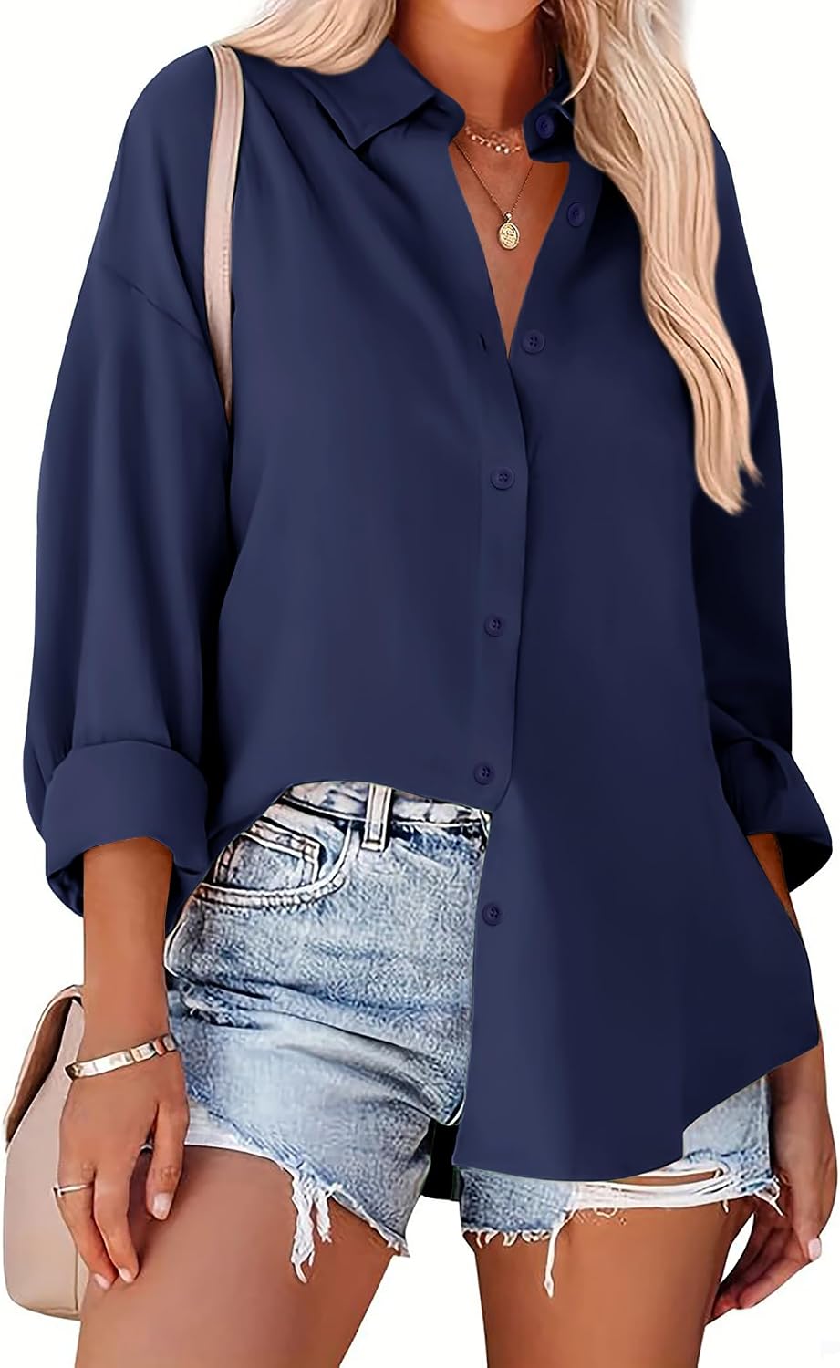 Zeagoo Long Sleeve Button Down Shirt for Women White Boyfriend Turn-Down Collar Tops Casual Business Office Blouses L