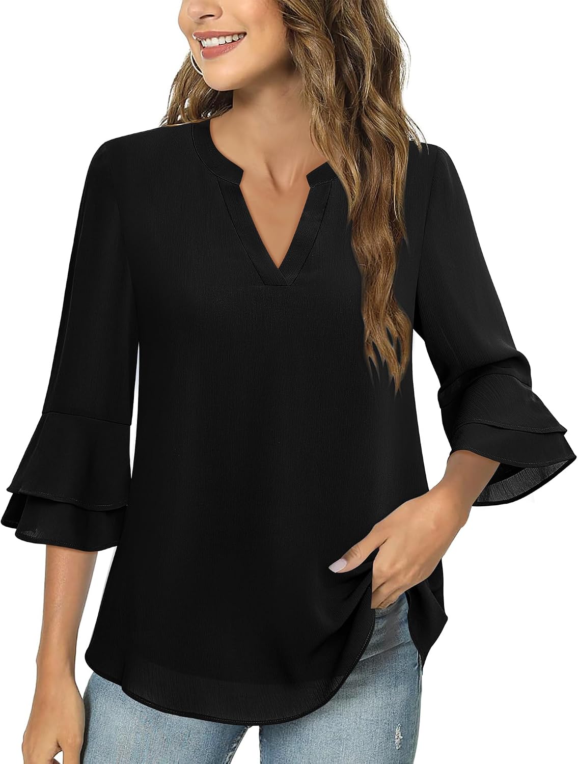 Chiffon Blouse - 3/4 Sleeve Womens Tops - Blouses for Women Business Casual Professional Formal Tops Junior Job Interview Clothing Spring Peasant Funeral Attire
