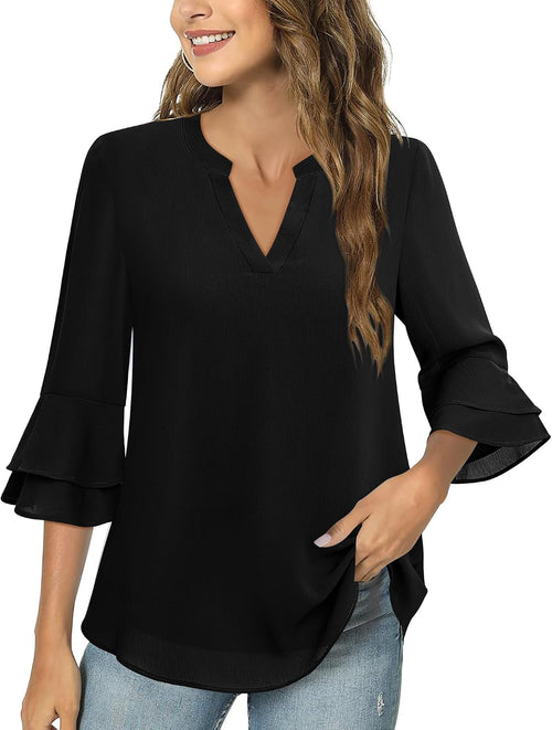 Chiffon Blouse - 3/4 Sleeve Womens Tops - Blouses for Women Business Casual Professional Formal Tops Junior Job Interview Clothing Spring Peasant Funeral Attire