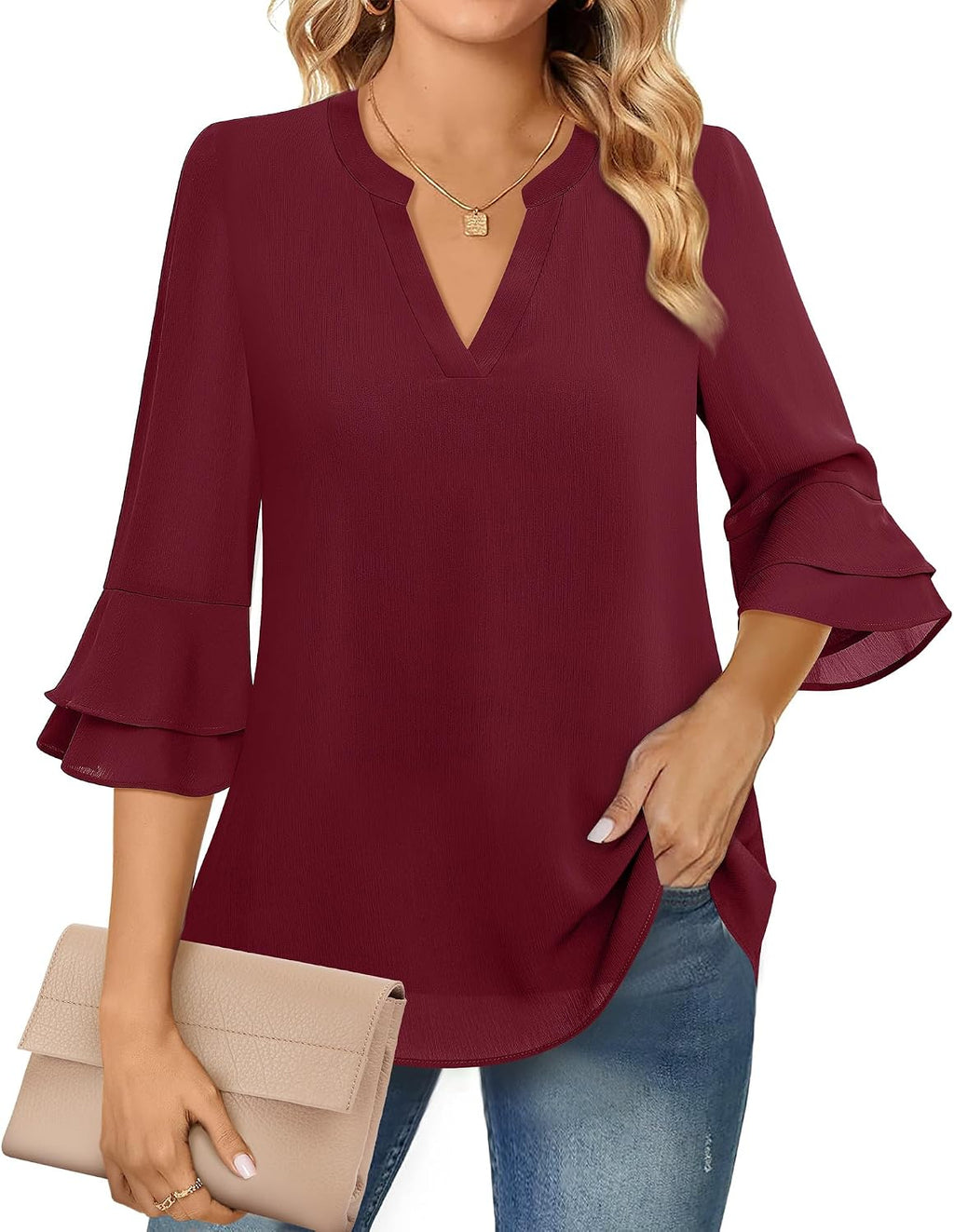 Chiffon Blouse - 3/4 Sleeve Womens Tops - Blouses for Women Business Casual Professional Formal Tops Junior Job Interview Clothing Spring Peasant Funeral Attire