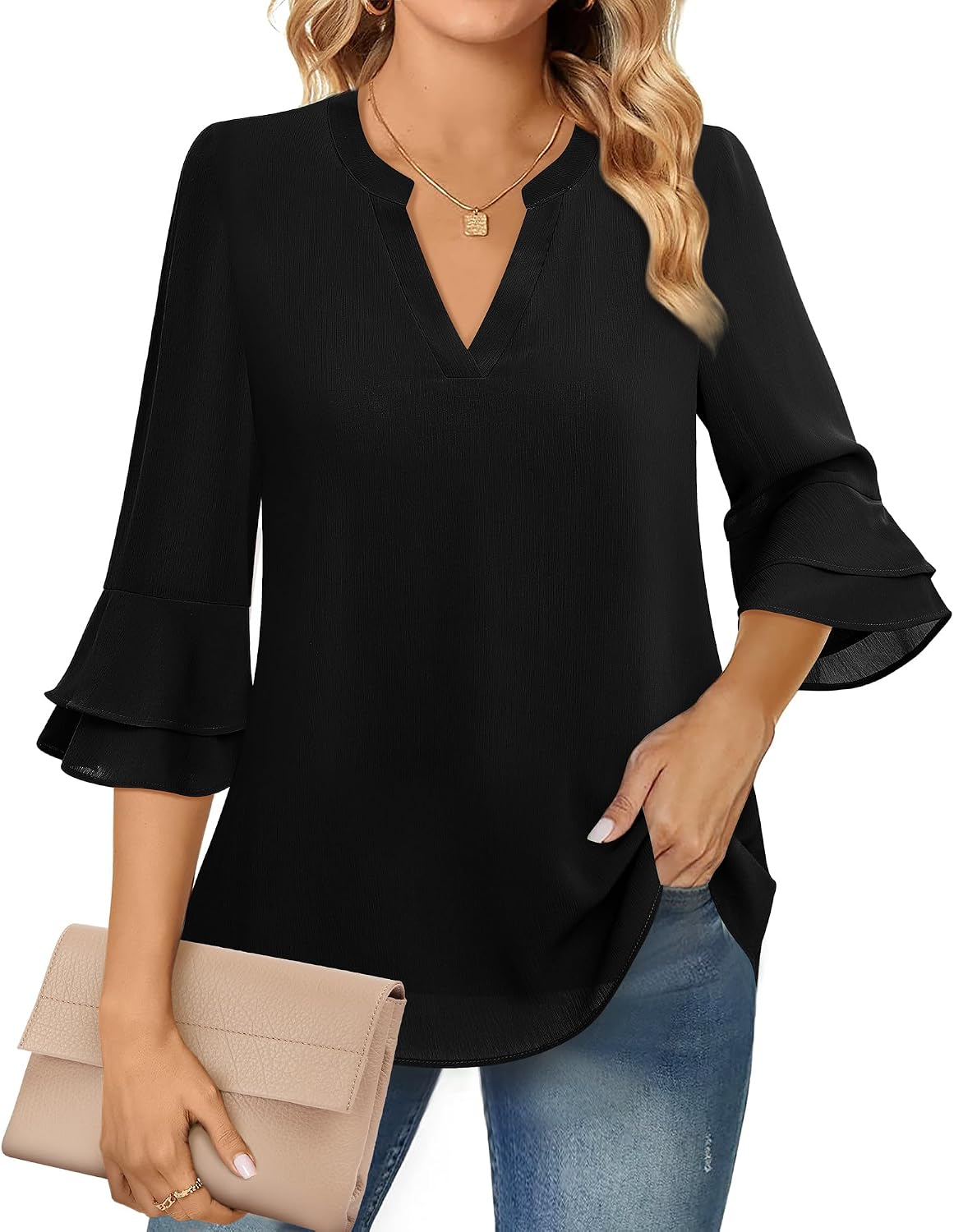 Chiffon Blouse - 3/4 Sleeve Womens Tops - Blouses for Women Business Casual Professional Formal Tops Junior Job Interview Clothing Spring Peasant Funeral Attire
