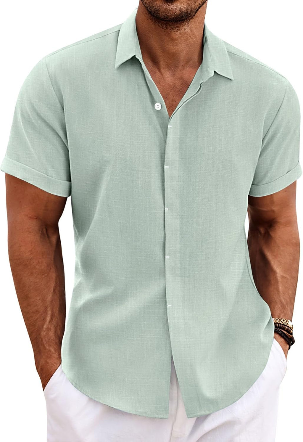 COOFANDY Men's Linen Wedding Shirts - Short Sleeve. Button Up. Casual. Relaxed-Fit Dark Grey