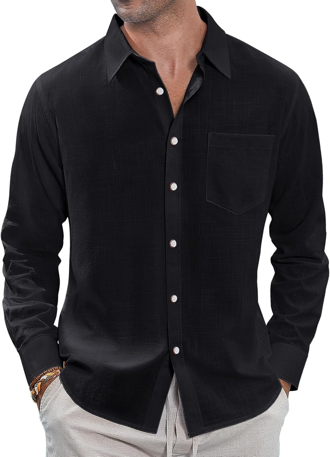 J.VER Men's Long Sleeve Linen Cotton Shirts Casual Button Down Shirt Summer Beach Tops with Pocket White Large