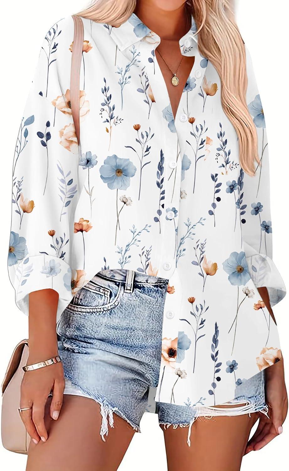 Zeagoo Long Sleeve Button Down Shirt for Women White Boyfriend Turn-Down Collar Tops Casual Business Office Blouses L