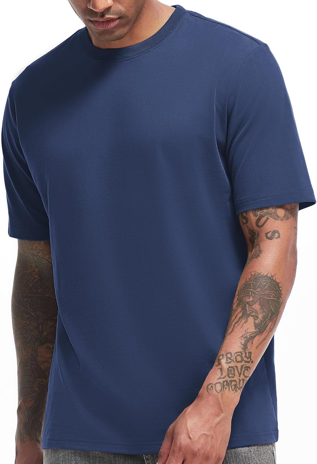VEIISAR Men's Heavy Weight Crew Neck T-Shirt Mens Premium Cotton Tee Khaki XL