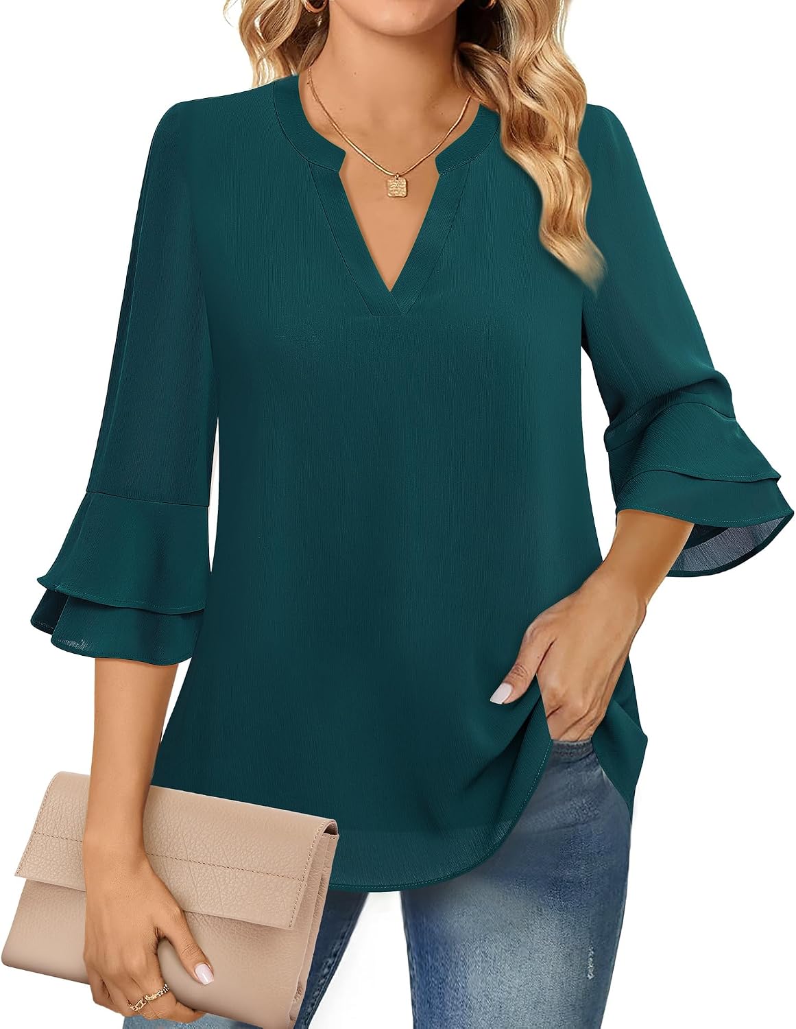 Chiffon Blouse - 3/4 Sleeve Womens Tops - Blouses for Women Business Casual Professional Formal Tops Junior Job Interview Clothing Spring Peasant Funeral Attire