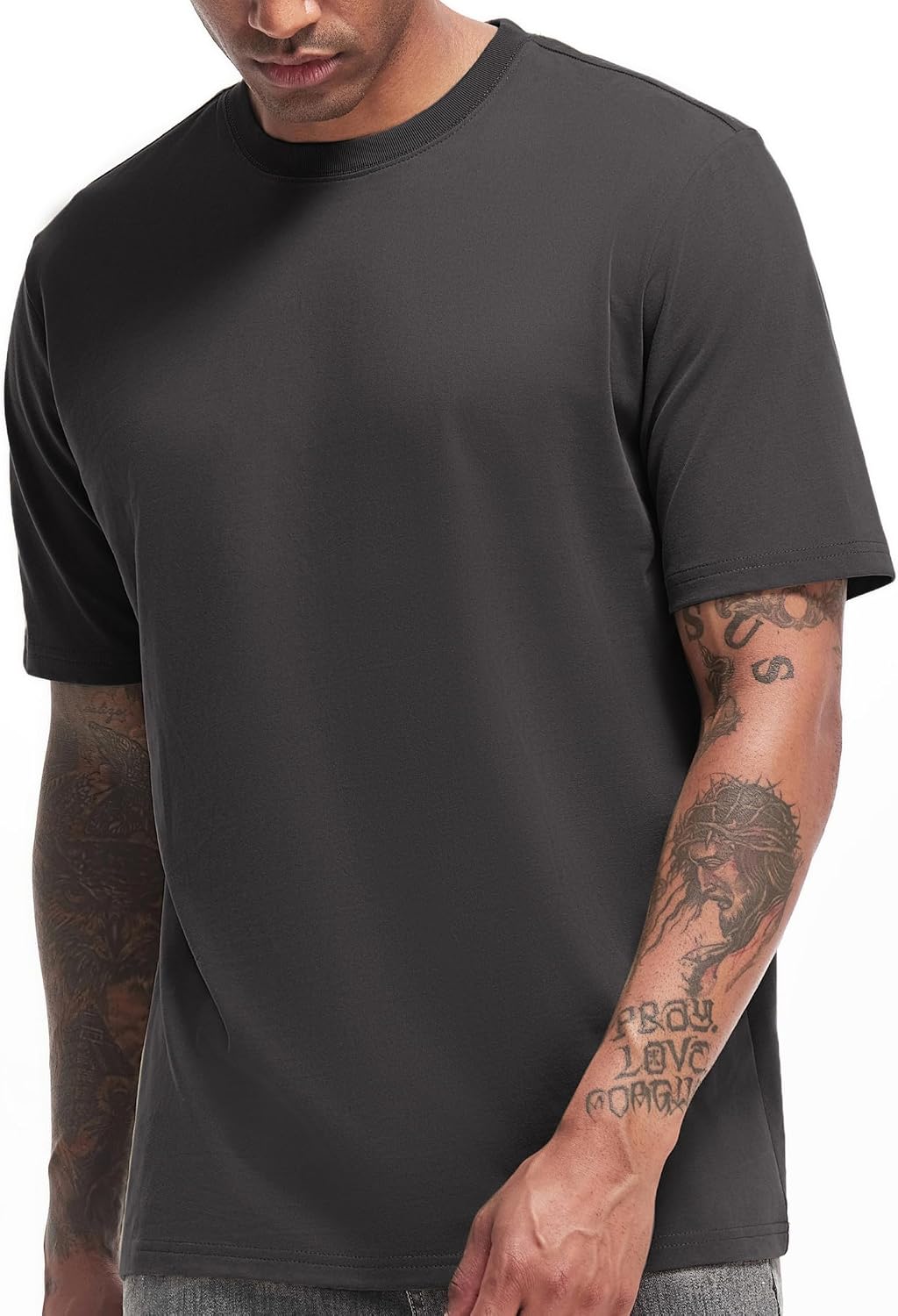 VEIISAR Men's Heavy Weight Crew Neck T-Shirt Mens Premium Cotton Tee Khaki XL