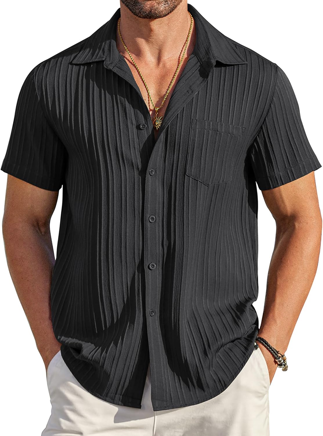 COOFANDY Men's Summer Linen Shirts Short Sleeve Button Down Shirts for Men Fashion Beach Casual Shirt A-White
