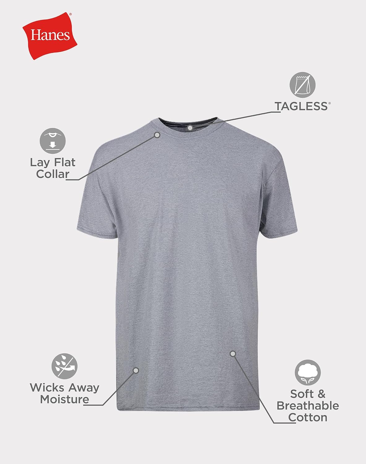 Hanes Mens Cotton. Moisture-wicking Crew Tee Undershirts. Multi-packs. Black/Grey/Blue Assorted - 6 Pack. Medium US