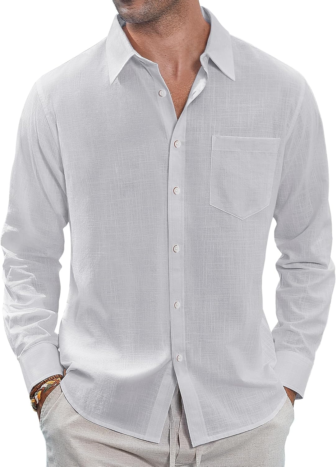 J.VER Men's Long Sleeve Linen Cotton Shirts Casual Button Down Shirt Summer Beach Tops with Pocket White Large
