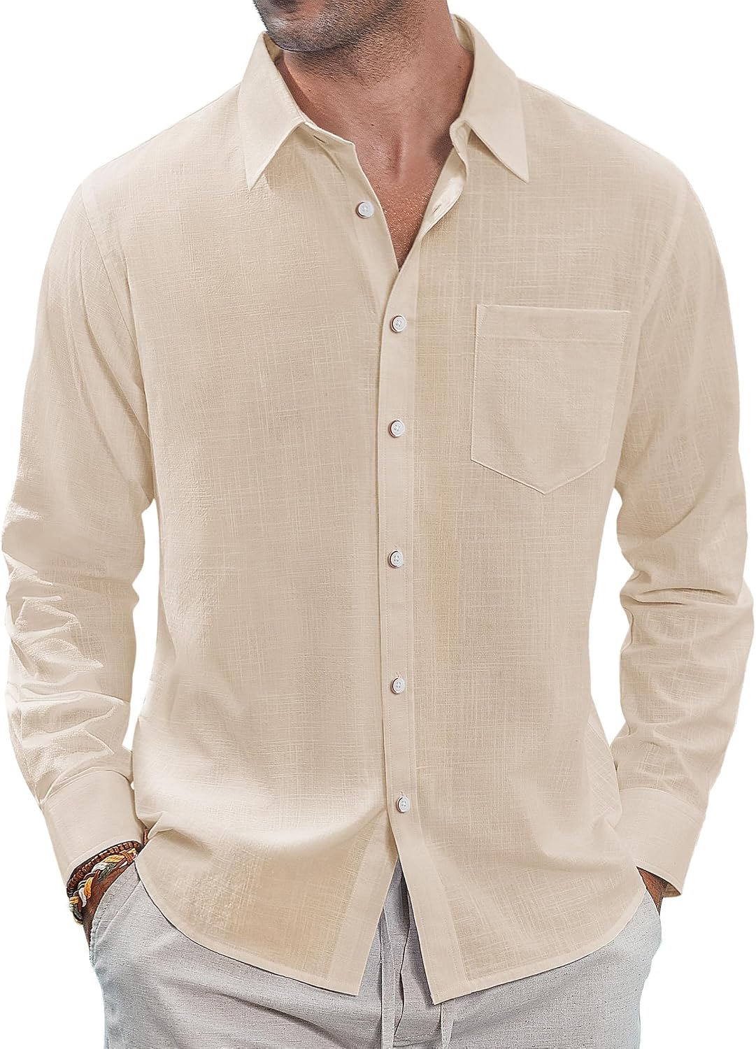 J.VER Men's Long Sleeve Linen Cotton Shirts Casual Button Down Shirt Summer Beach Tops with Pocket White Large