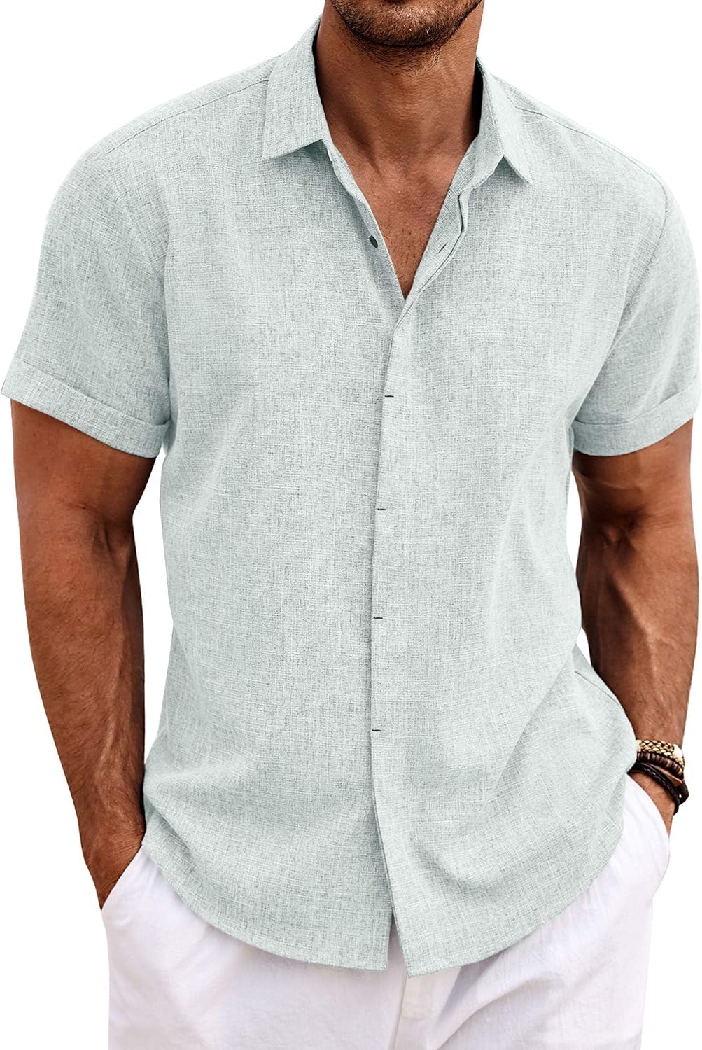 COOFANDY Men's Linen Wedding Shirts - Short Sleeve. Button Up. Casual. Relaxed-Fit Dark Grey