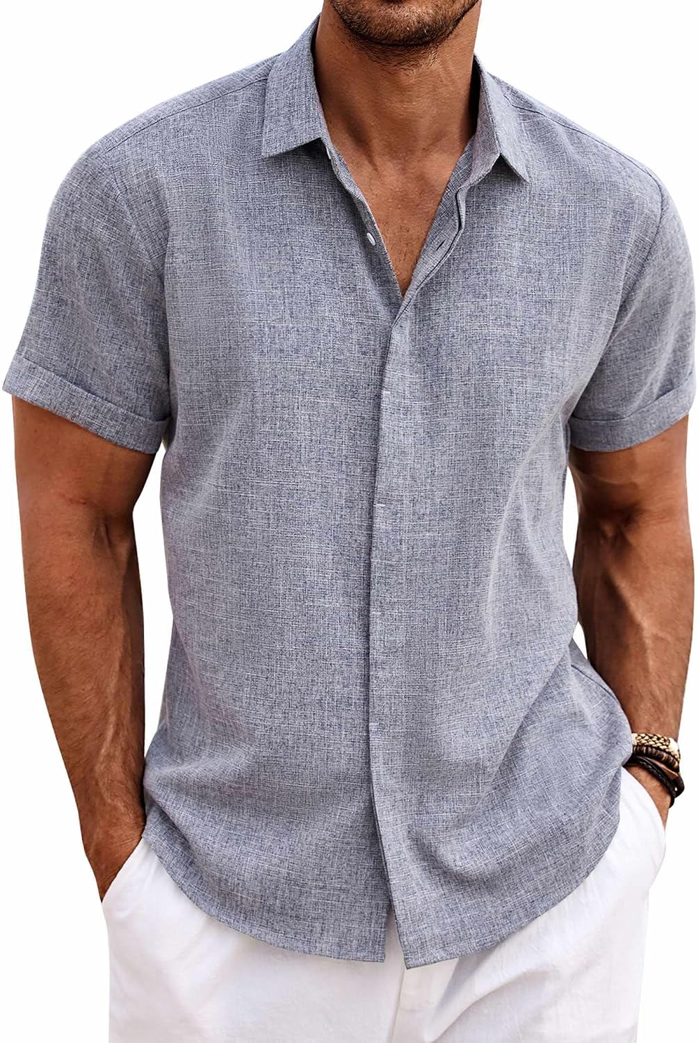 COOFANDY Men's Linen Wedding Shirts - Short Sleeve. Button Up. Casual. Relaxed-Fit Dark Grey