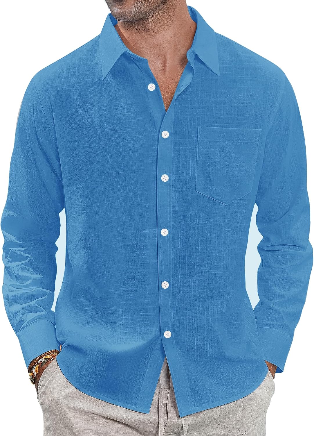 J.VER Men's Long Sleeve Linen Cotton Shirts Casual Button Down Shirt Summer Beach Tops with Pocket White Large