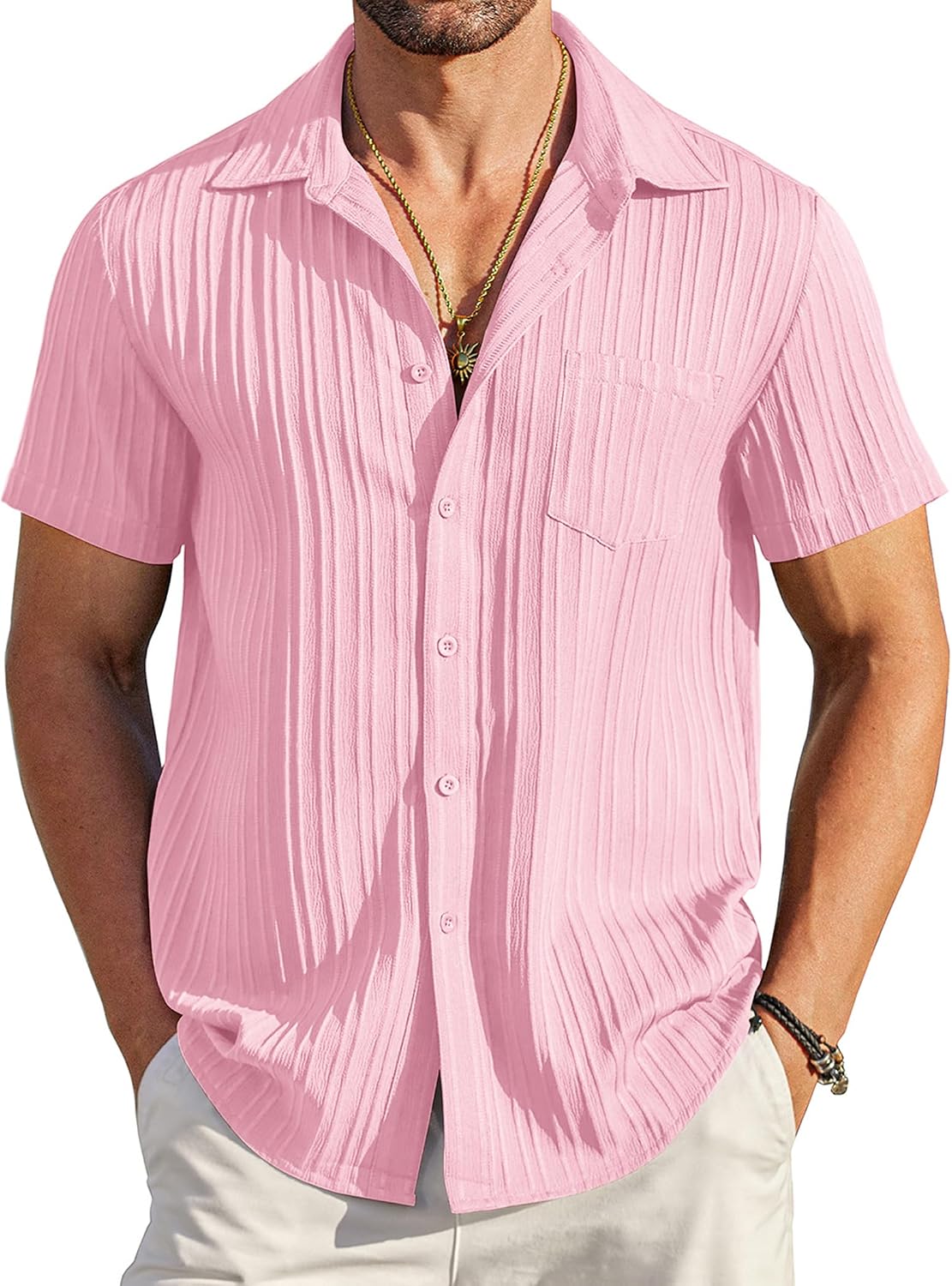 COOFANDY Men's Summer Linen Shirts Short Sleeve Button Down Shirts for Men Fashion Beach Casual Shirt A-White