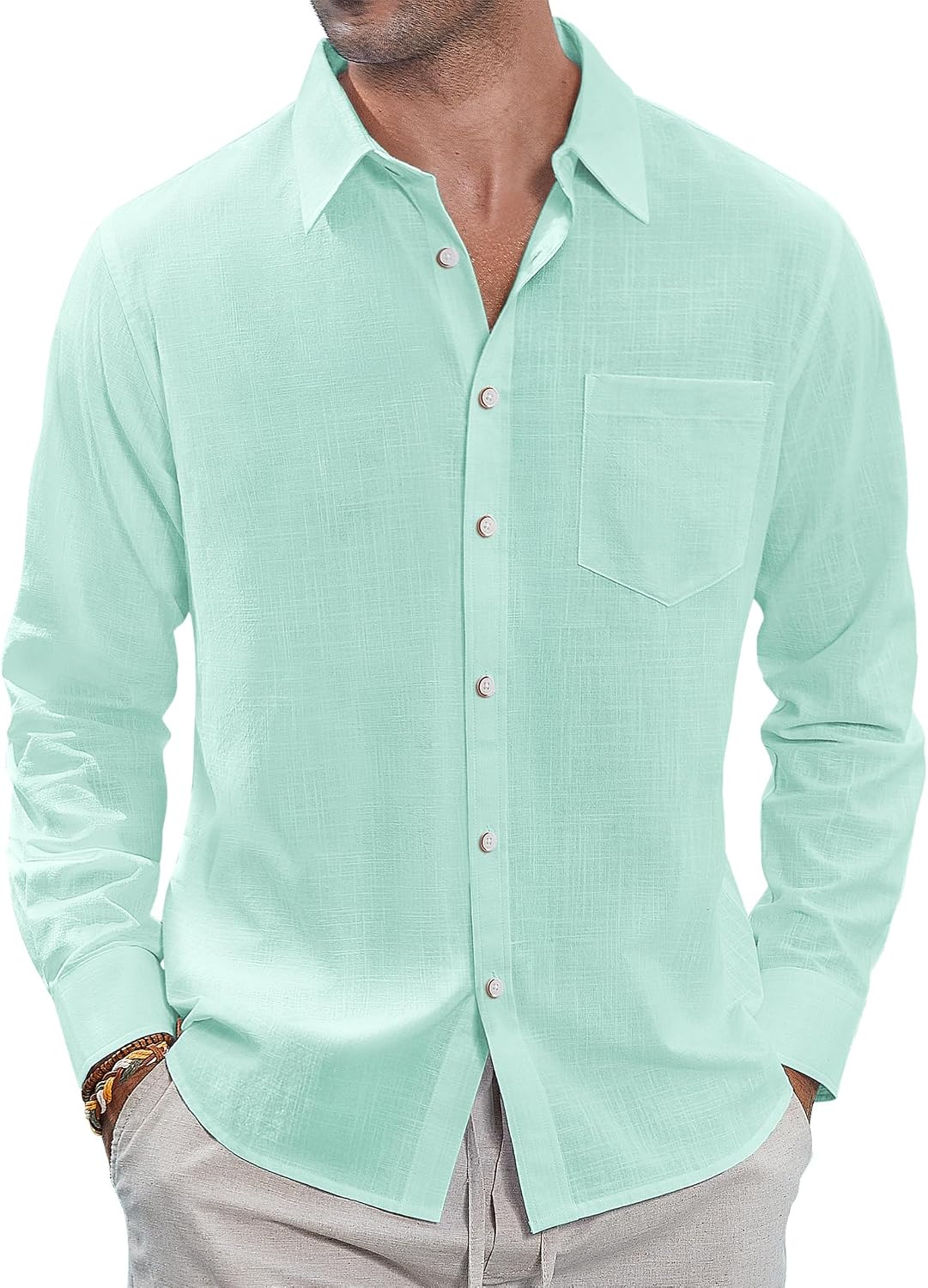 J.VER Men's Long Sleeve Linen Cotton Shirts Casual Button Down Shirt Summer Beach Tops with Pocket White Large