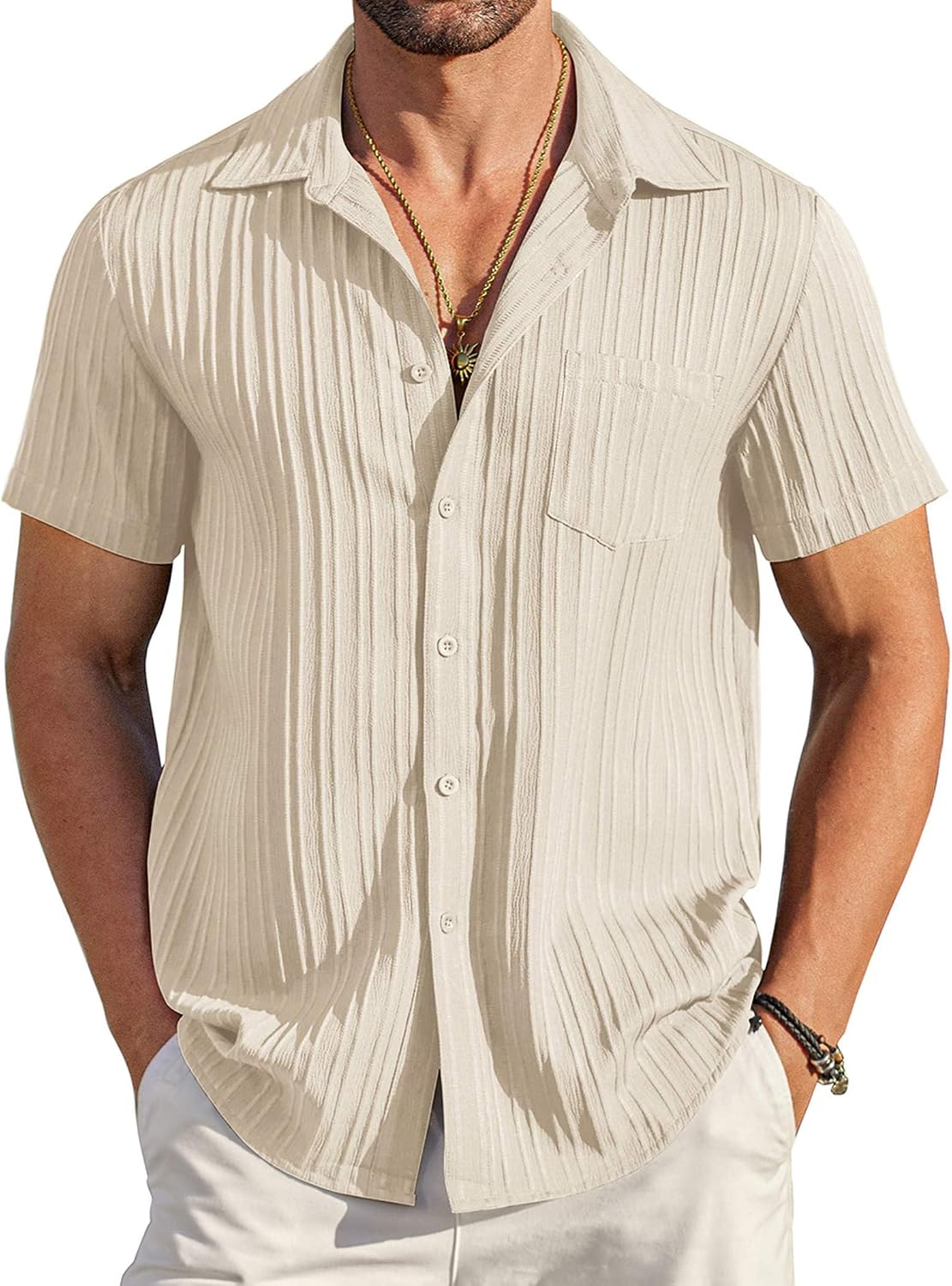COOFANDY Men's Summer Linen Shirts Short Sleeve Button Down Shirts for Men Fashion Beach Casual Shirt A-White