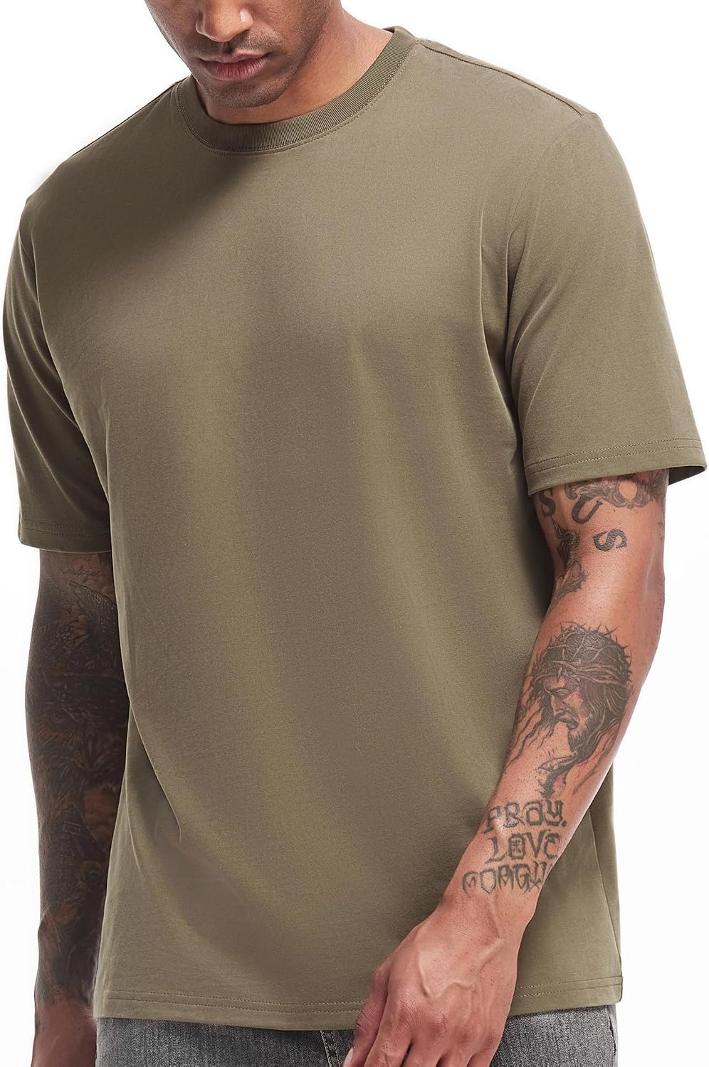 VEIISAR Men's Heavy Weight Crew Neck T-Shirt Mens Premium Cotton Tee Khaki XL