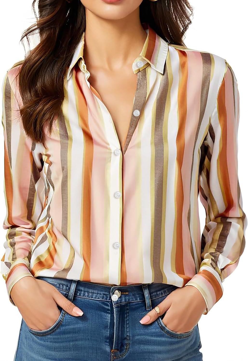COUXILY Beige Dress Shirts Women Womens Blouse Button Down Up Silk Shirt Long Sleeve Blouses Collared Slim Wrinkle Free Fit Formal Tops for Casual Work Business Tunic Work Top Cream Size XL