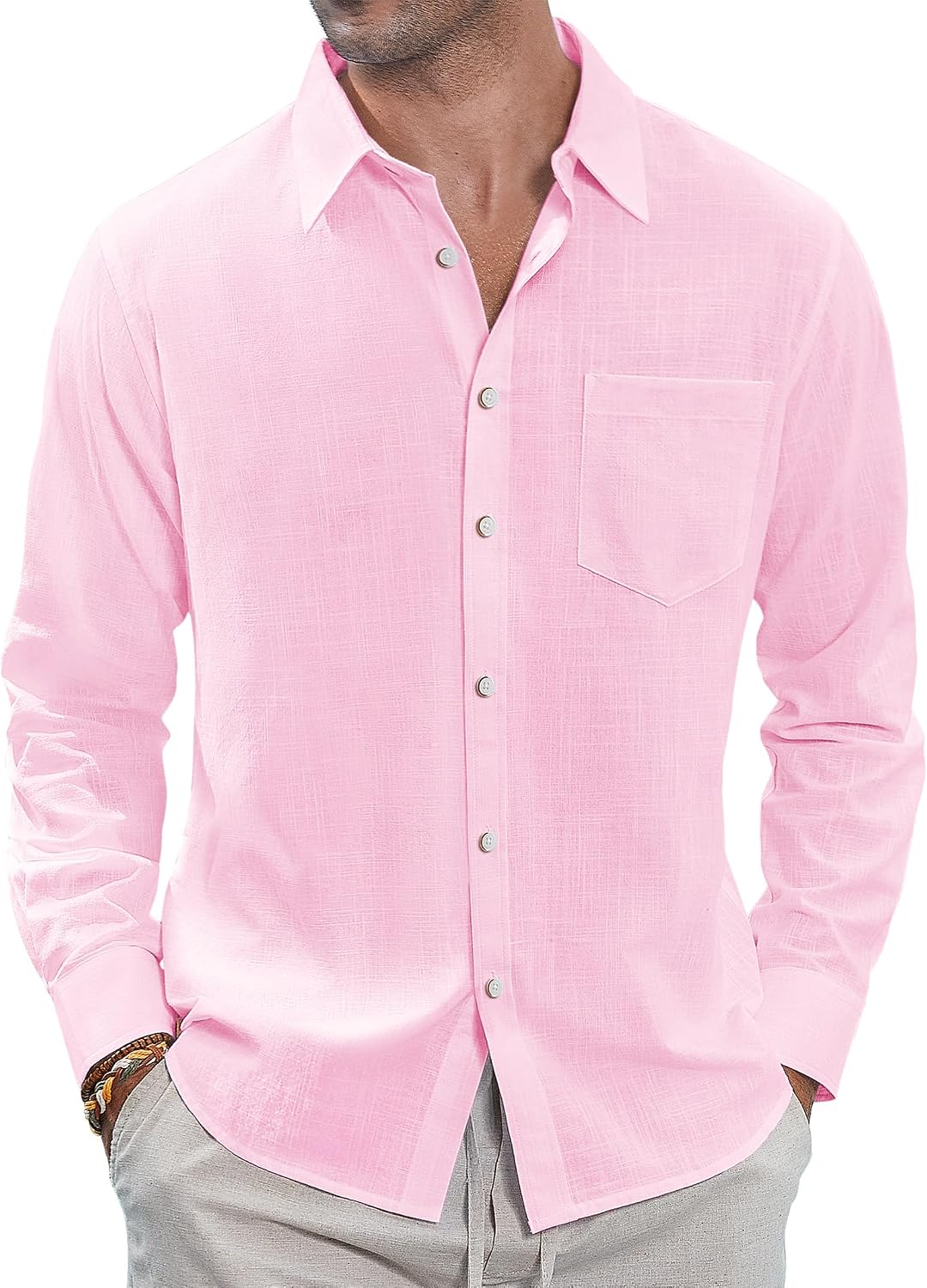 J.VER Men's Long Sleeve Linen Cotton Shirts Casual Button Down Shirt Summer Beach Tops with Pocket White Large