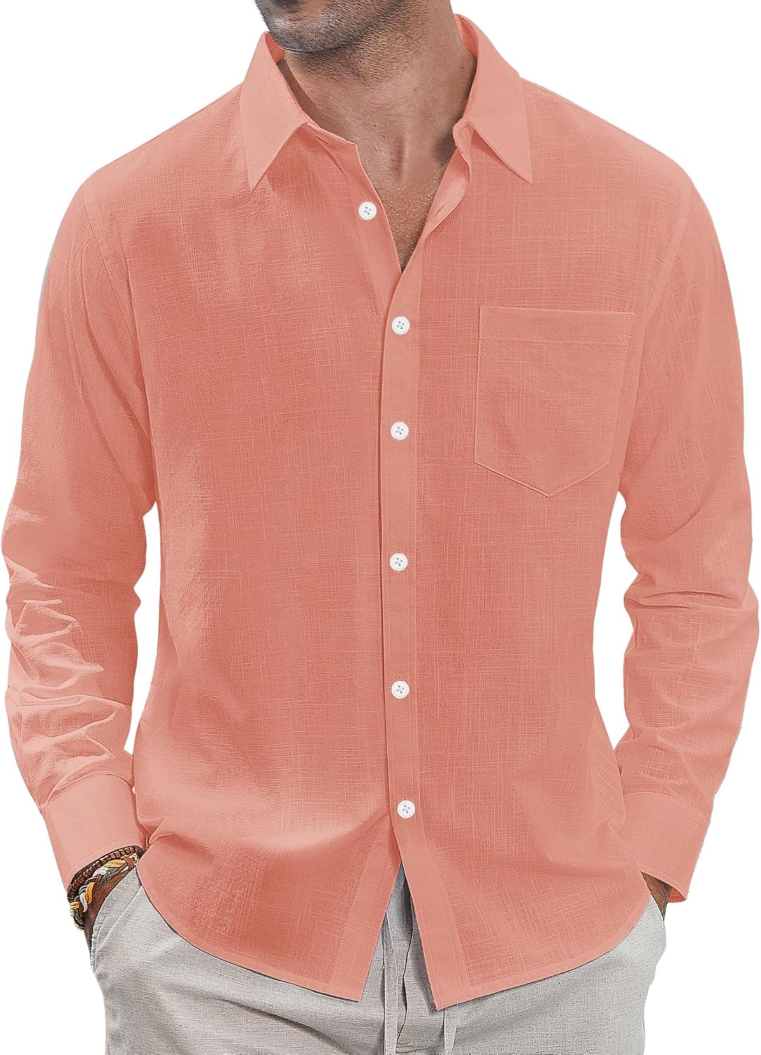 J.VER Men's Long Sleeve Linen Cotton Shirts Casual Button Down Shirt Summer Beach Tops with Pocket White Large