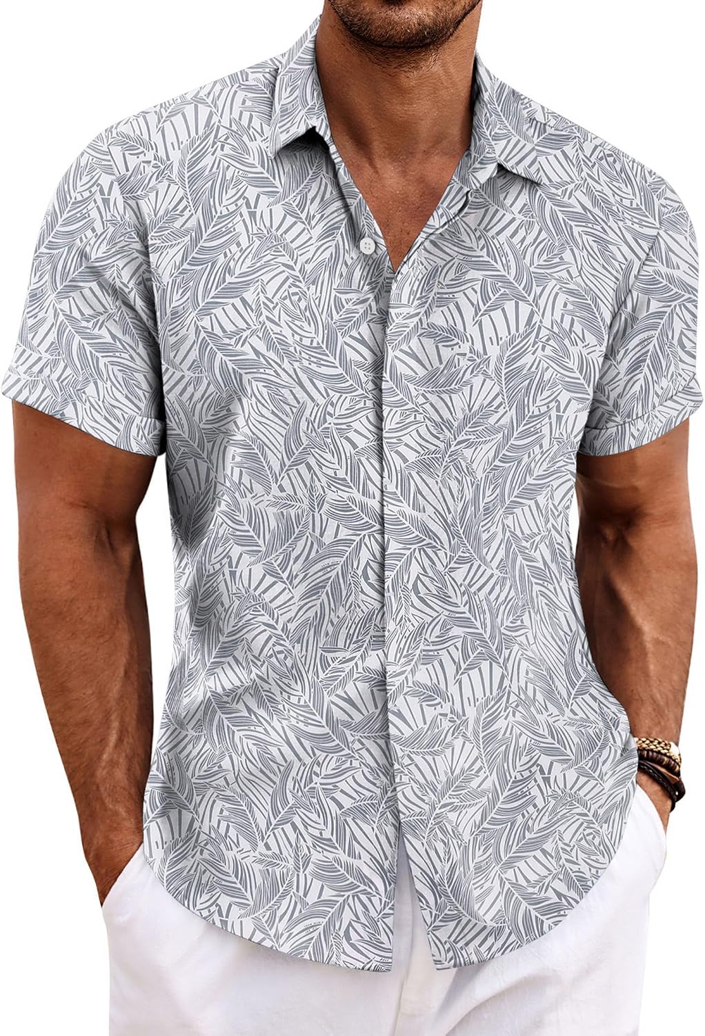 COOFANDY Men's Linen Wedding Shirts - Short Sleeve. Button Up. Casual. Relaxed-Fit Dark Grey