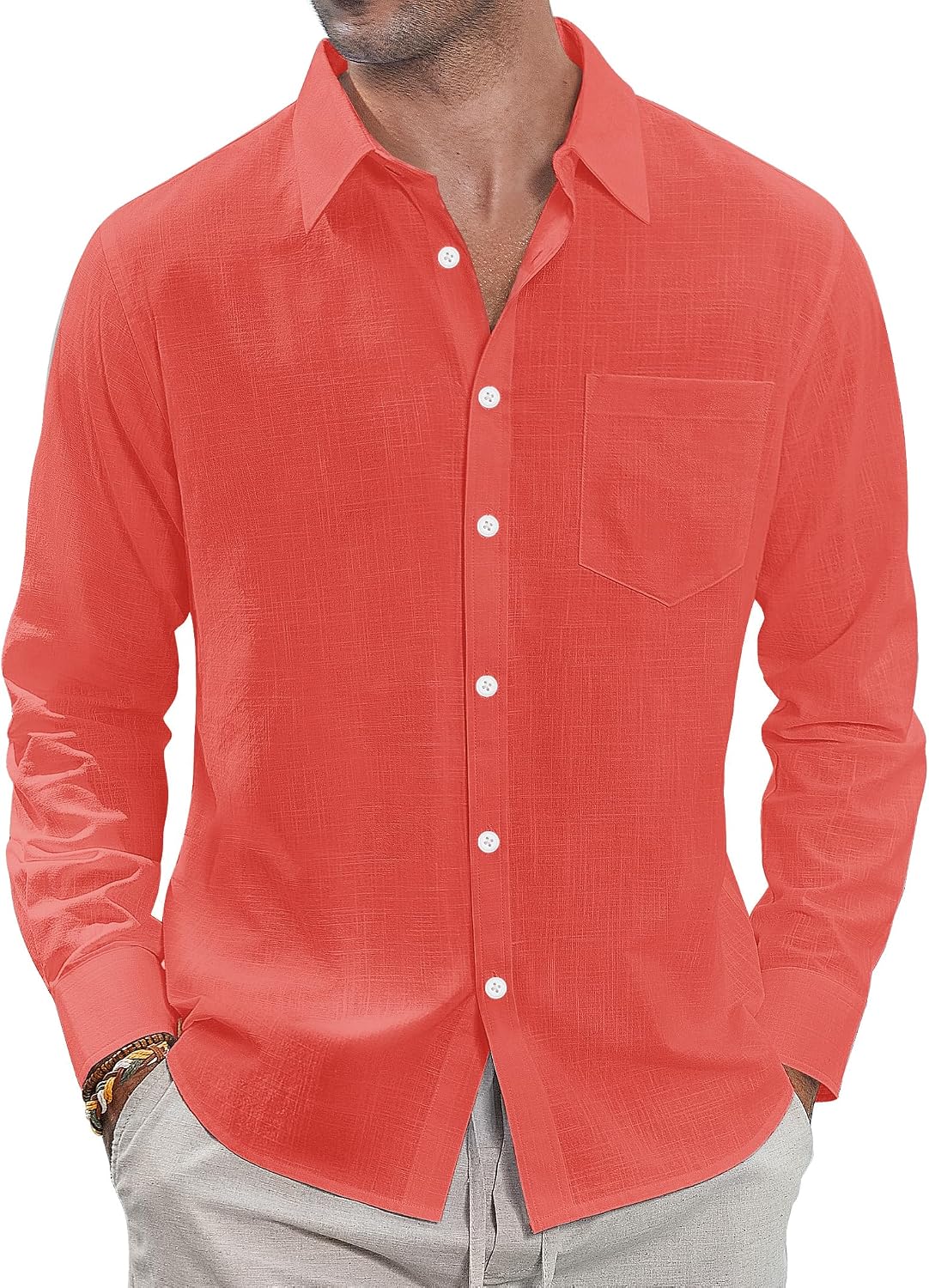 J.VER Men's Long Sleeve Linen Cotton Shirts Casual Button Down Shirt Summer Beach Tops with Pocket White Large