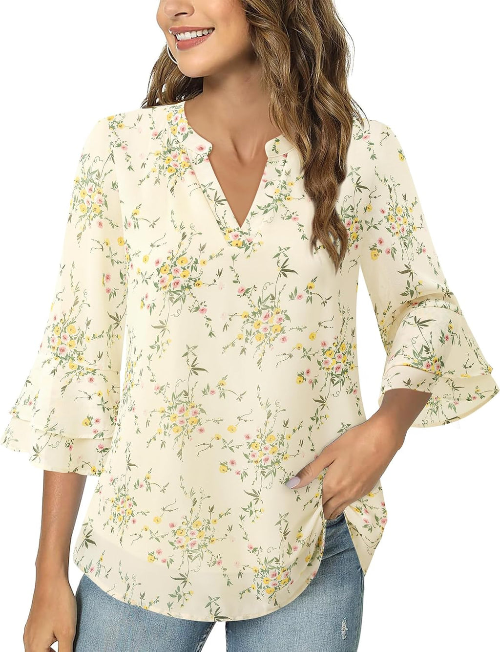 Chiffon Blouse - 3/4 Sleeve Womens Tops - Blouses for Women Business Casual Professional Formal Tops Junior Job Interview Clothing Spring Peasant Funeral Attire